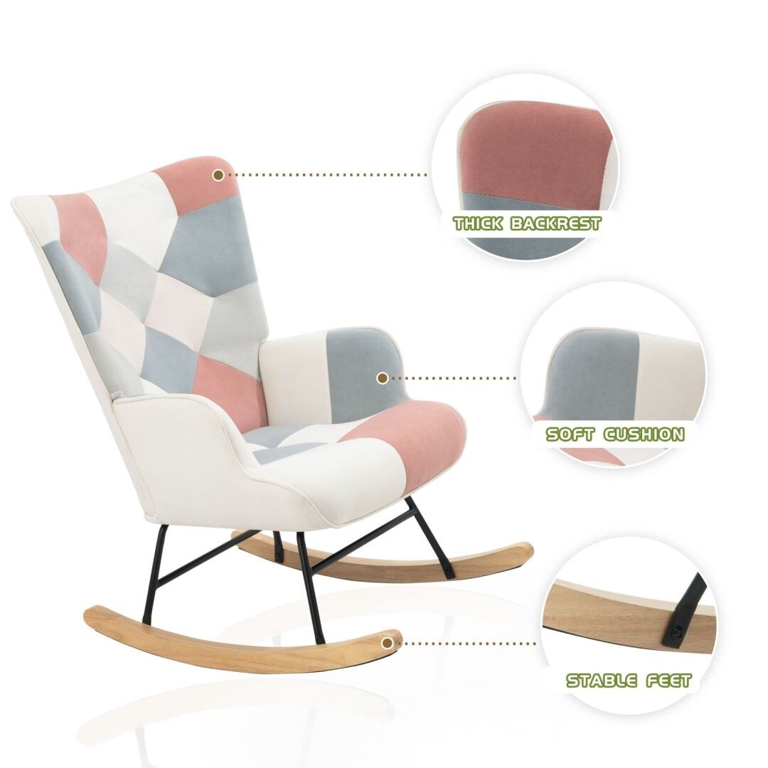 Pink Mid Century Fabric Rocker Chair with Wood Legs for Livingroom