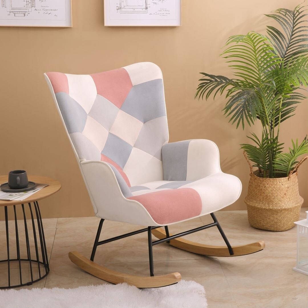Pink Mid Century Fabric Rocker Chair with Wood Legs for Livingroom