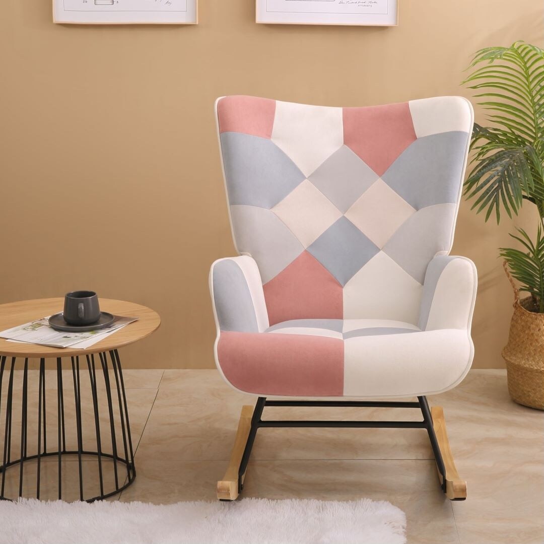 Pink Mid Century Fabric Rocker Chair with Wood Legs for Livingroom