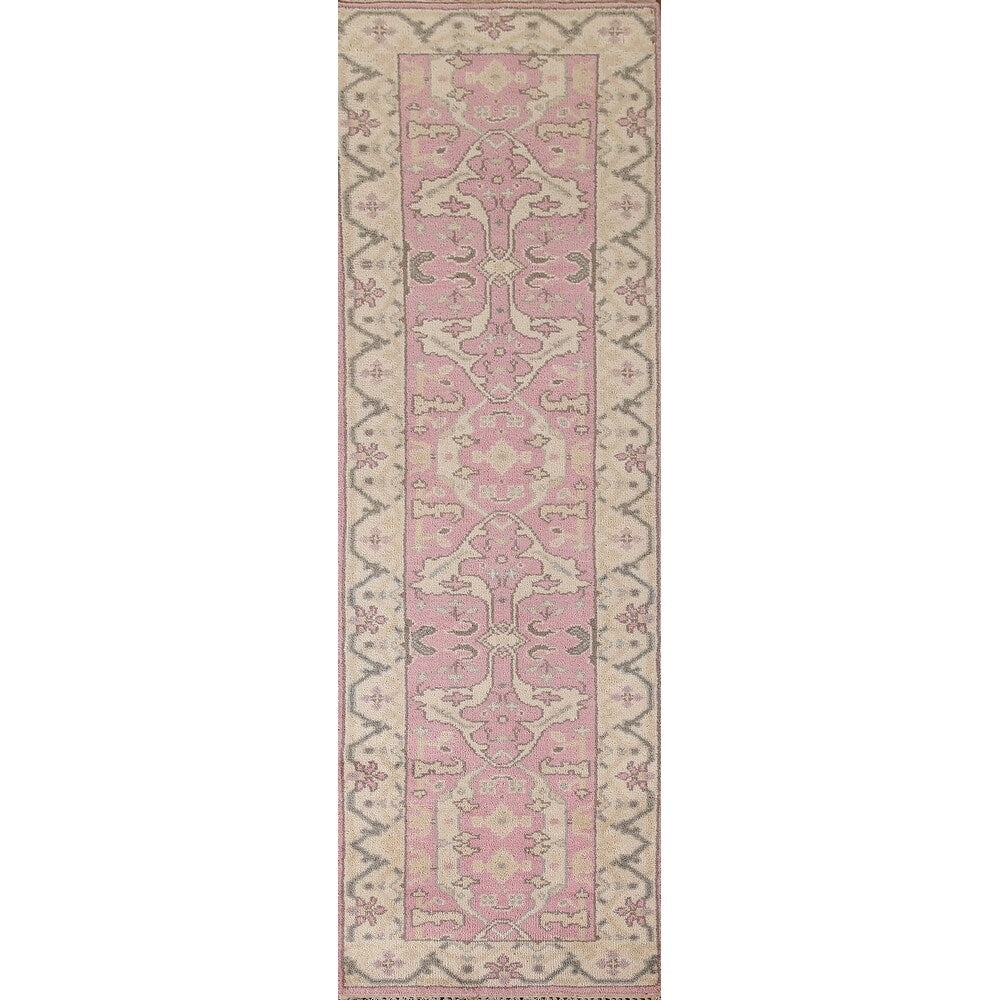 Pink Oushak Oriental Runner Rug Handmade Floral Wool Carpet - 2'7"x 9'11"