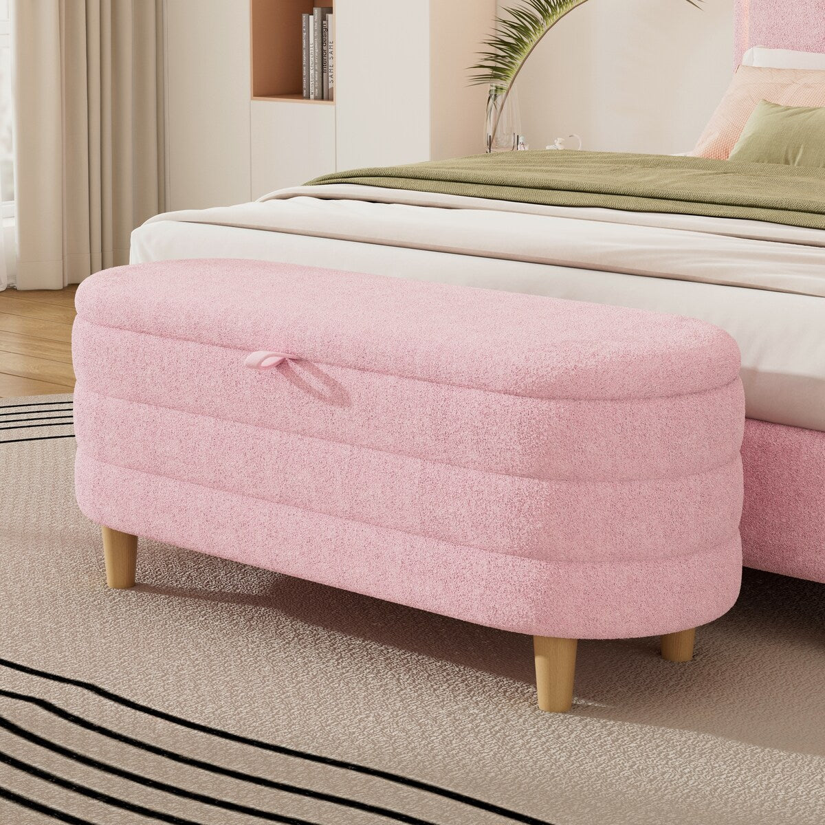 Pink Sherpa Storage Ottoman Bench with Wood Legs for Bedroom Living Ro