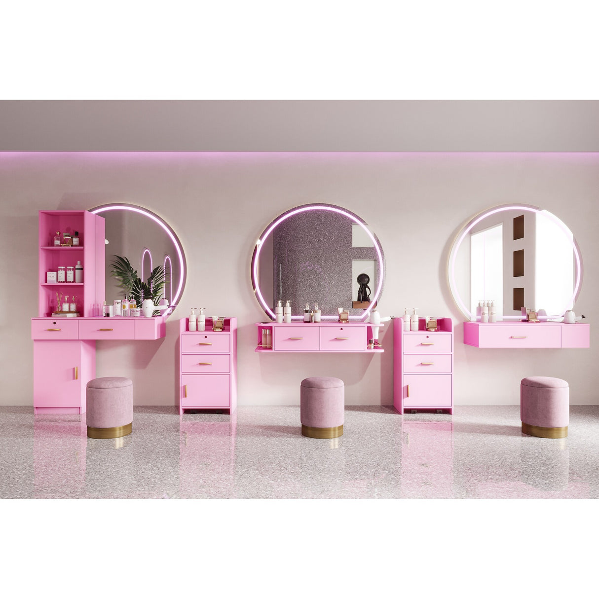 Pink Wood Modern Simple Hair Desk Multi-Layer Storage Space 2 Drawers - 13.19 x 39.76 x 66.93