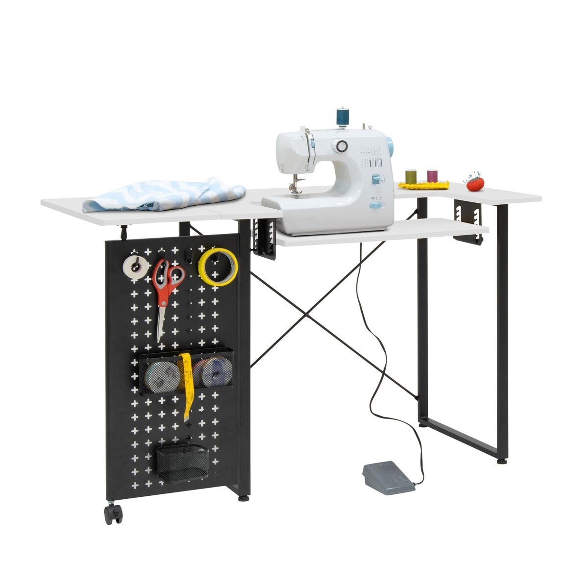 Sew Ready Pivot Sewing Table with Storage Panel and Adjustable Platform