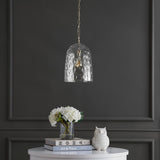 Plains 10" 1-Light Industrial Designer Iron/Dimple Glass Dome LED Pendant, Nickel/Clear by JONATHAN Y