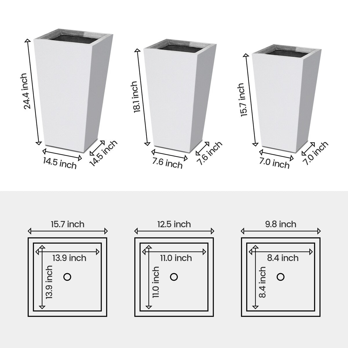 Plantara 24", 18" & 16" H Taper Shape Solid White Concrete planter, Modern Garden Plant pot, plug for Outdoor