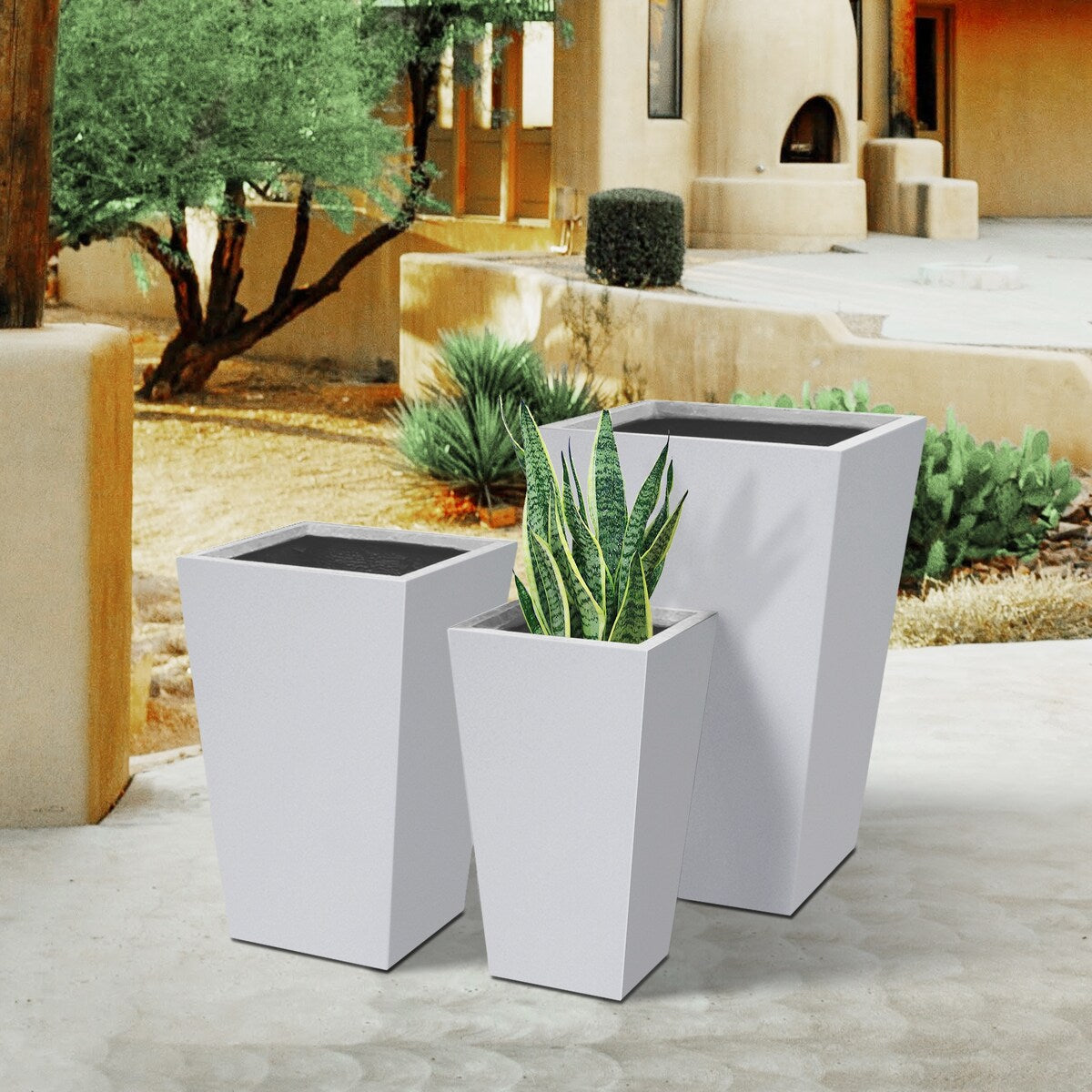 Plantara 24", 18" & 16" H Taper Shape Solid White Concrete planter, Modern Garden Plant pot, plug for Outdoor