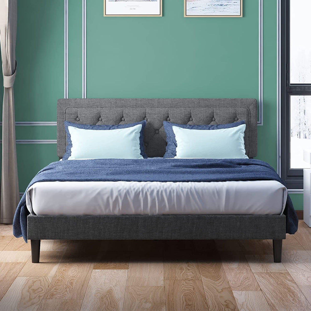 Mixoy Full/Queen/King Size Flat Bed Frame, Linen Fabric Upholstered Headboard with Button Tufted for Bedroom Apartment