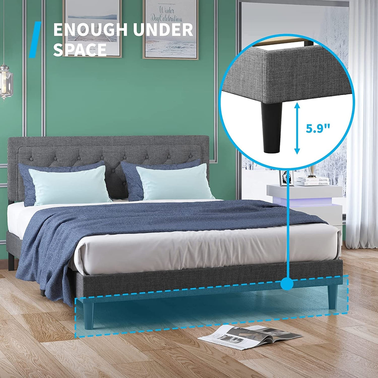 Mixoy Full/Queen/King Size Flat Bed Frame, Linen Fabric Upholstered Headboard with Button Tufted for Bedroom Apartment