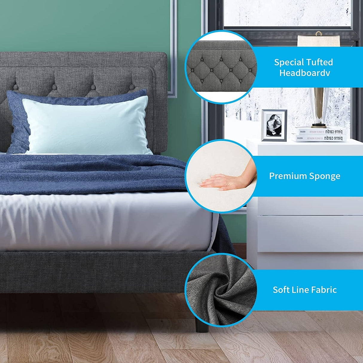 Mixoy Full/Queen/King Size Flat Bed Frame, Linen Fabric Upholstered Headboard with Button Tufted for Bedroom Apartment