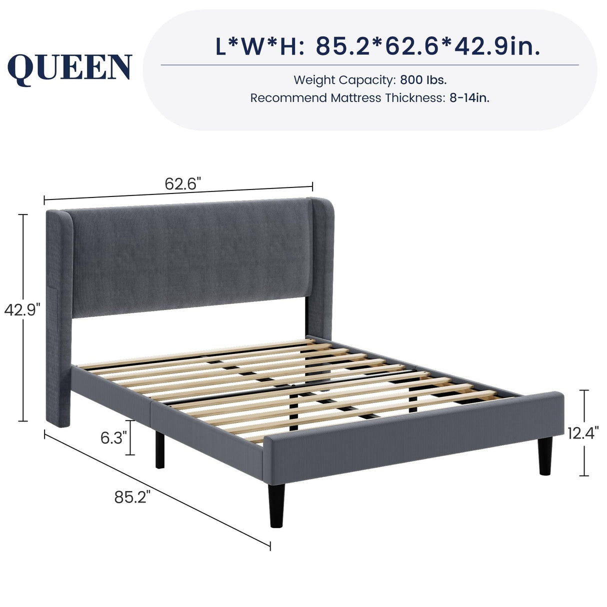 Platform Bed Frame with Upholstered Wingback Headboard