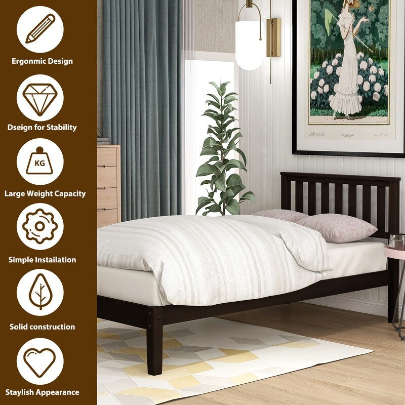 Platform Bed with Headboard, Twin Size Solid Wooden Bed with Wood Slat Support, Small Bed with Support Legs, Espresso