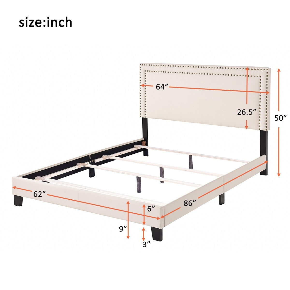 Platform Bed with Wooden Slats and Nailhead Detail