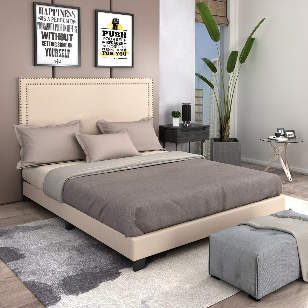 Platform Bed with Wooden Slats and Nailhead Detail