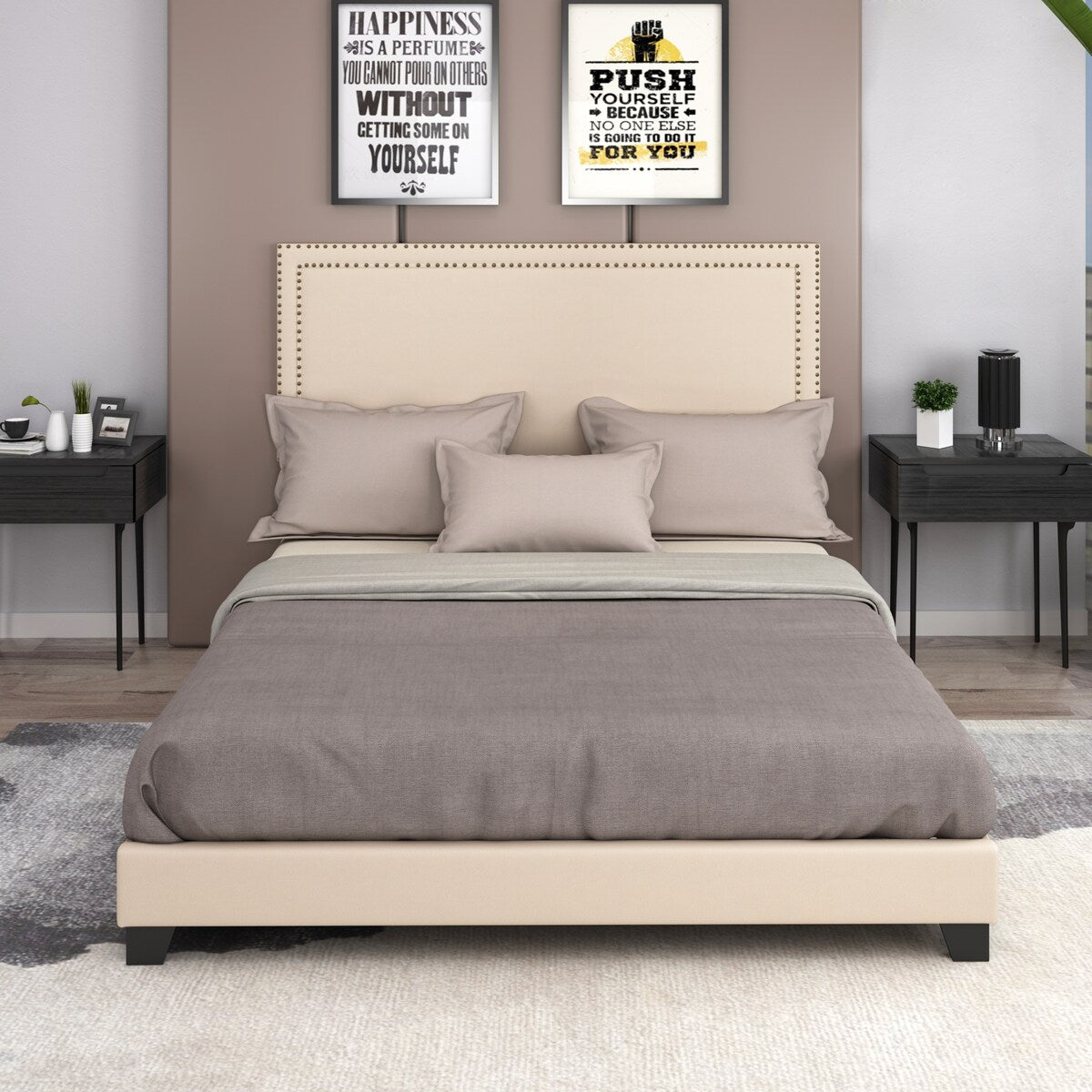 Platform Bed with Wooden Slats and Nailhead Detail