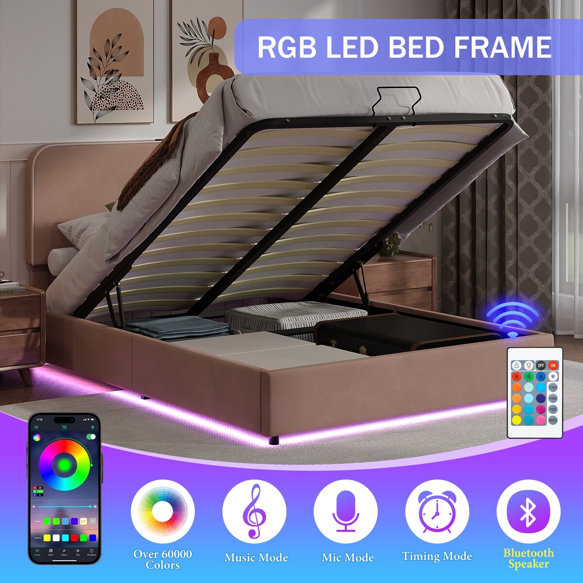 Platform Queen Hydraulic Storage Bed Lift Up RGB LED Light Bluetooth Speaker