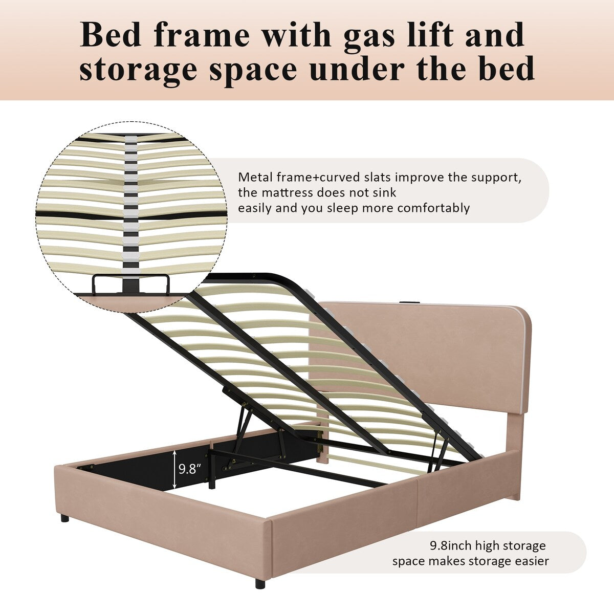 Platform Queen Hydraulic Storage Bed Lift Up RGB LED Light Bluetooth Speaker