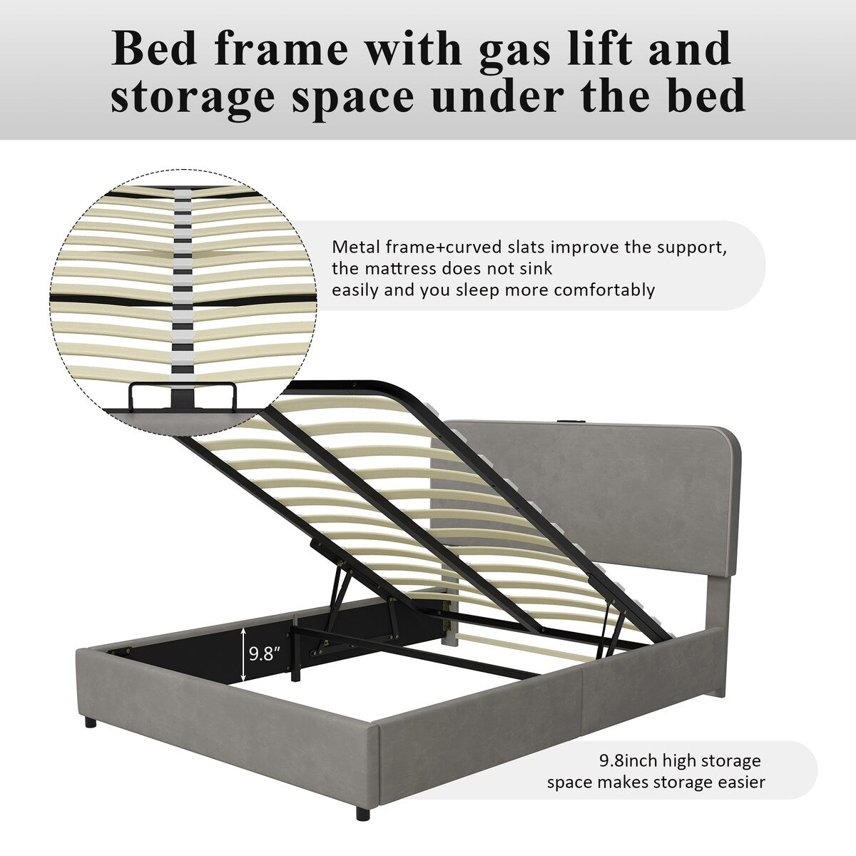 Platform Queen Hydraulic Storage Bed Lift Up RGB LED Light Bluetooth Speaker