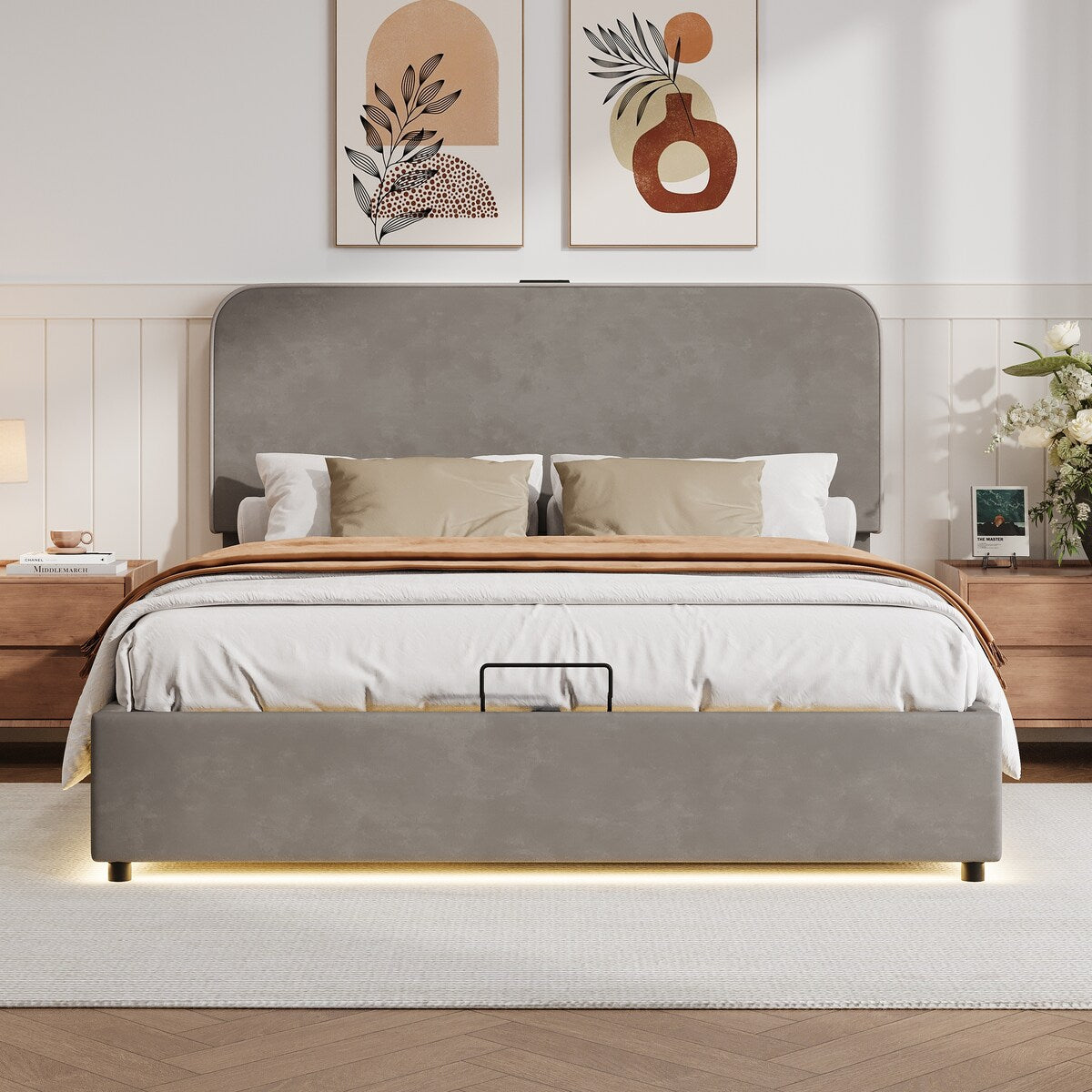 Platform Queen Hydraulic Storage Bed Lift Up RGB LED Light Bluetooth Speaker
