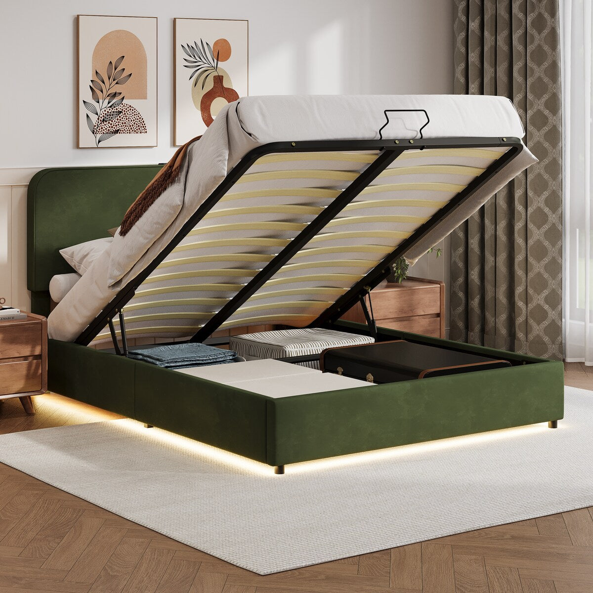 Platform Queen Hydraulic Storage Bed Lift Up RGB LED Light Bluetooth Speaker