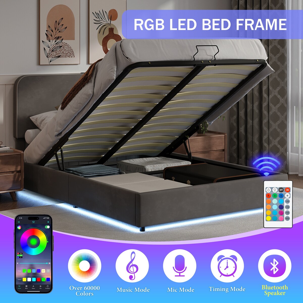 Platform Queen Hydraulic Storage Bed Lift Up RGB LED Light Bluetooth Speaker