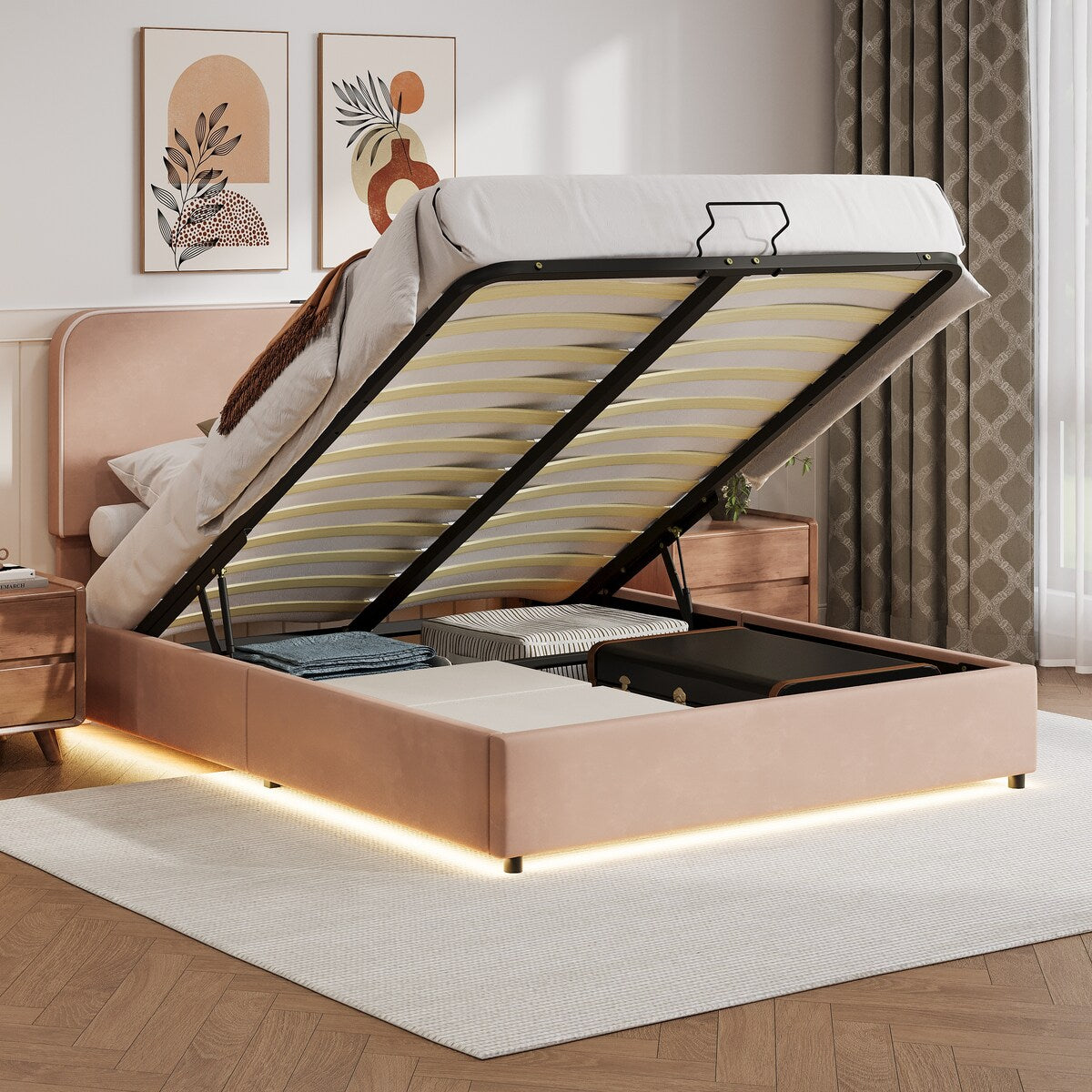 Platform Queen Hydraulic Storage Bed Lift Up RGB LED Light Bluetooth Speaker