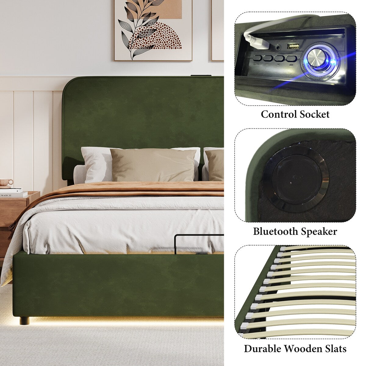 Platform Queen Hydraulic Storage Bed Lift Up RGB LED Light Bluetooth Speaker