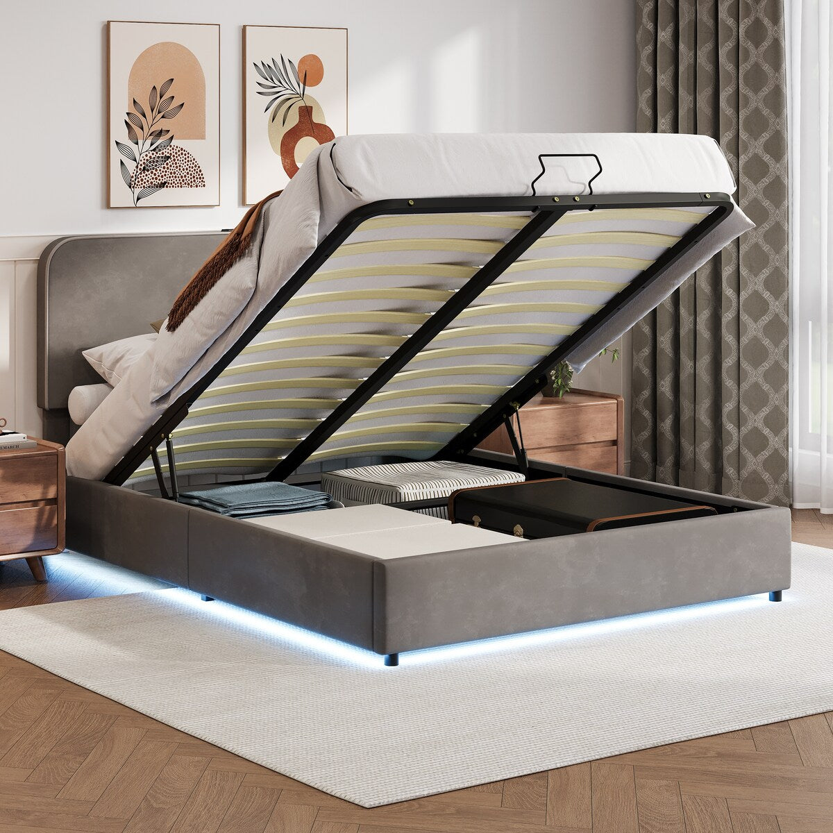 Platform Queen Hydraulic Storage Bed Lift Up RGB LED Light Bluetooth Speaker