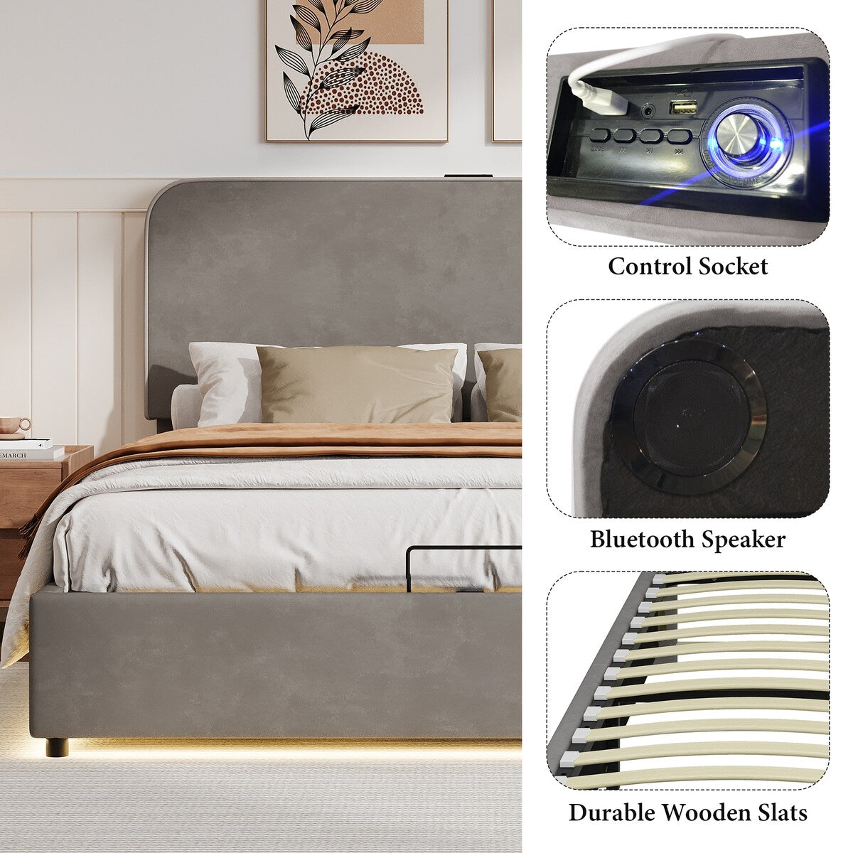 Platform Queen Hydraulic Storage Bed Lift Up RGB LED Light Bluetooth Speaker
