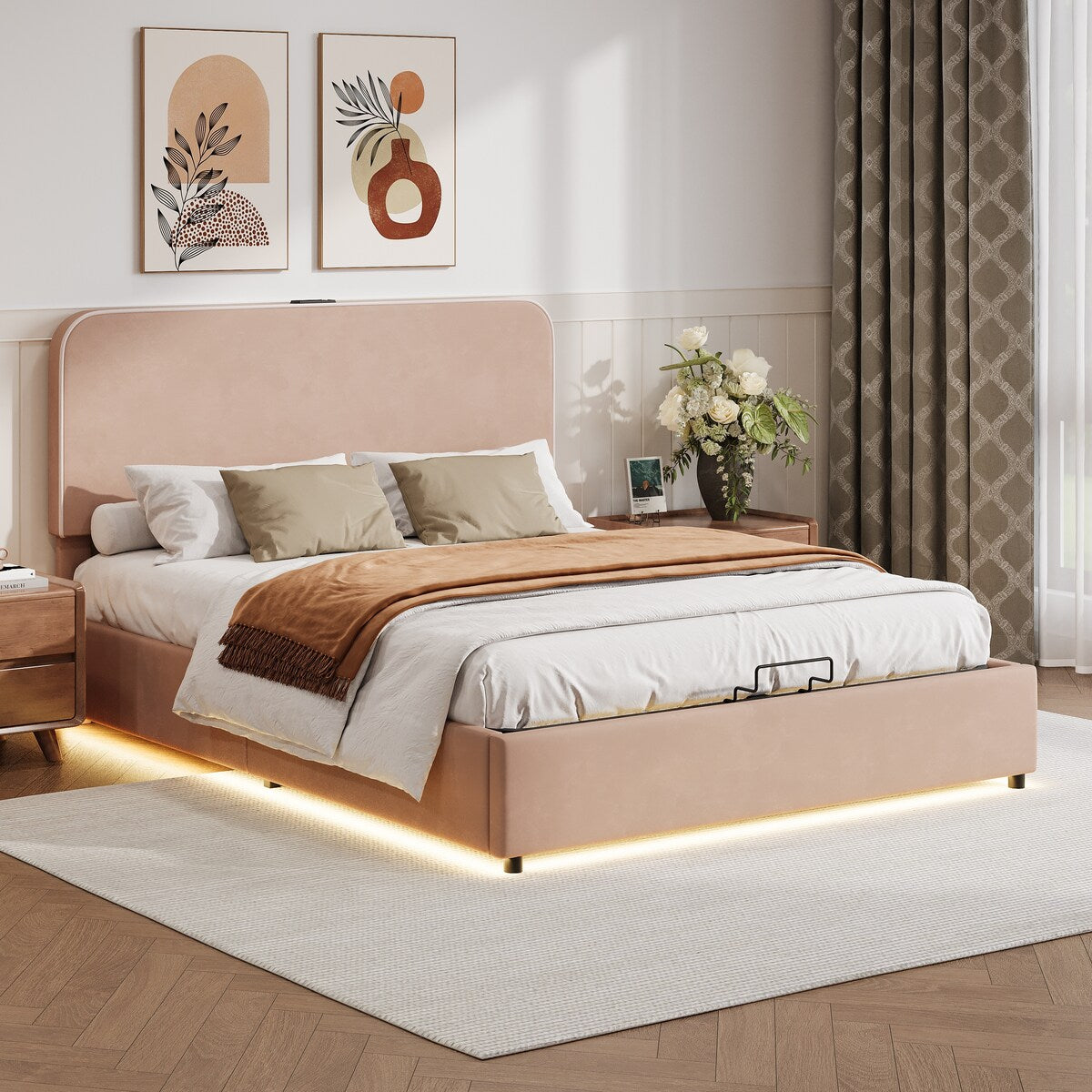 Platform Queen Hydraulic Storage Bed Lift Up RGB LED Light Bluetooth Speaker