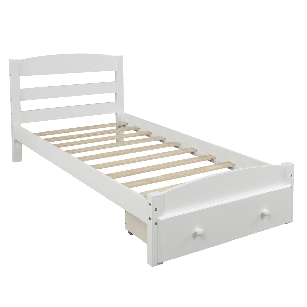 Platform Twin Bed Frame with Storage Drawer and Wood Slat Support