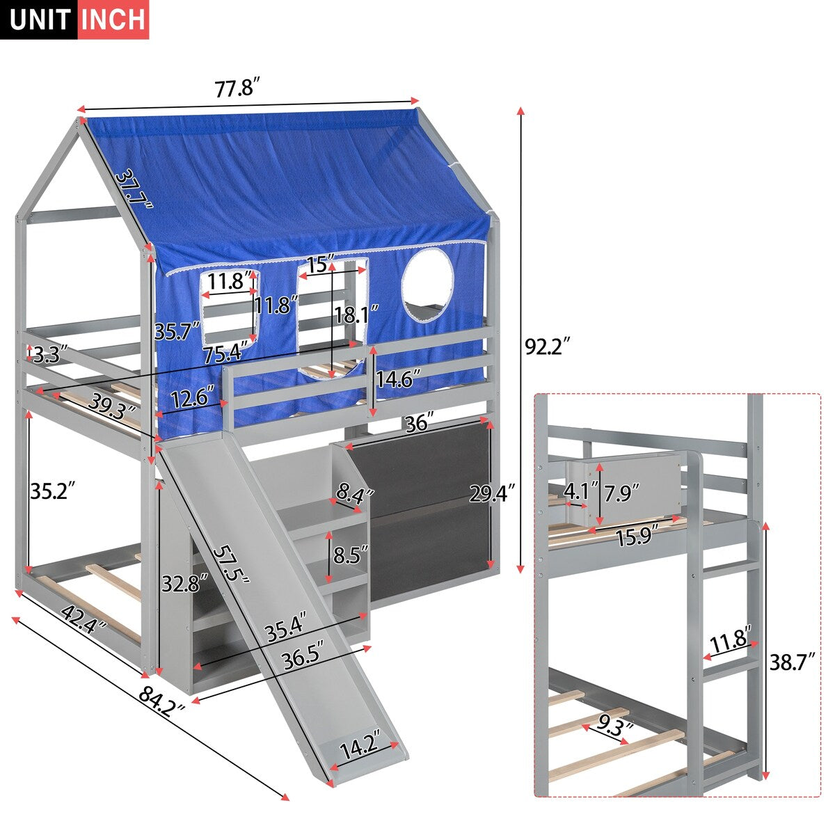 Playhouse Inspired Twin Over Twin Bunk Bed House Bed Kids Bed with Roof
