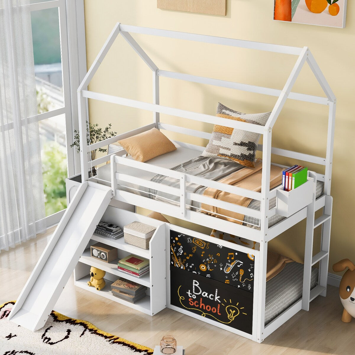 Playhouse Inspired Twin Over Twin Bunk Bed House Bed Kids Bed with Roof