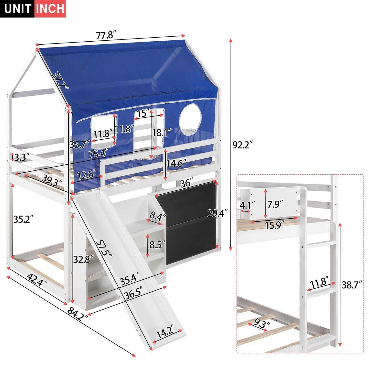 Playhouse Inspired Twin Over Twin Bunk Bed House Bed Kids Bed with Roof