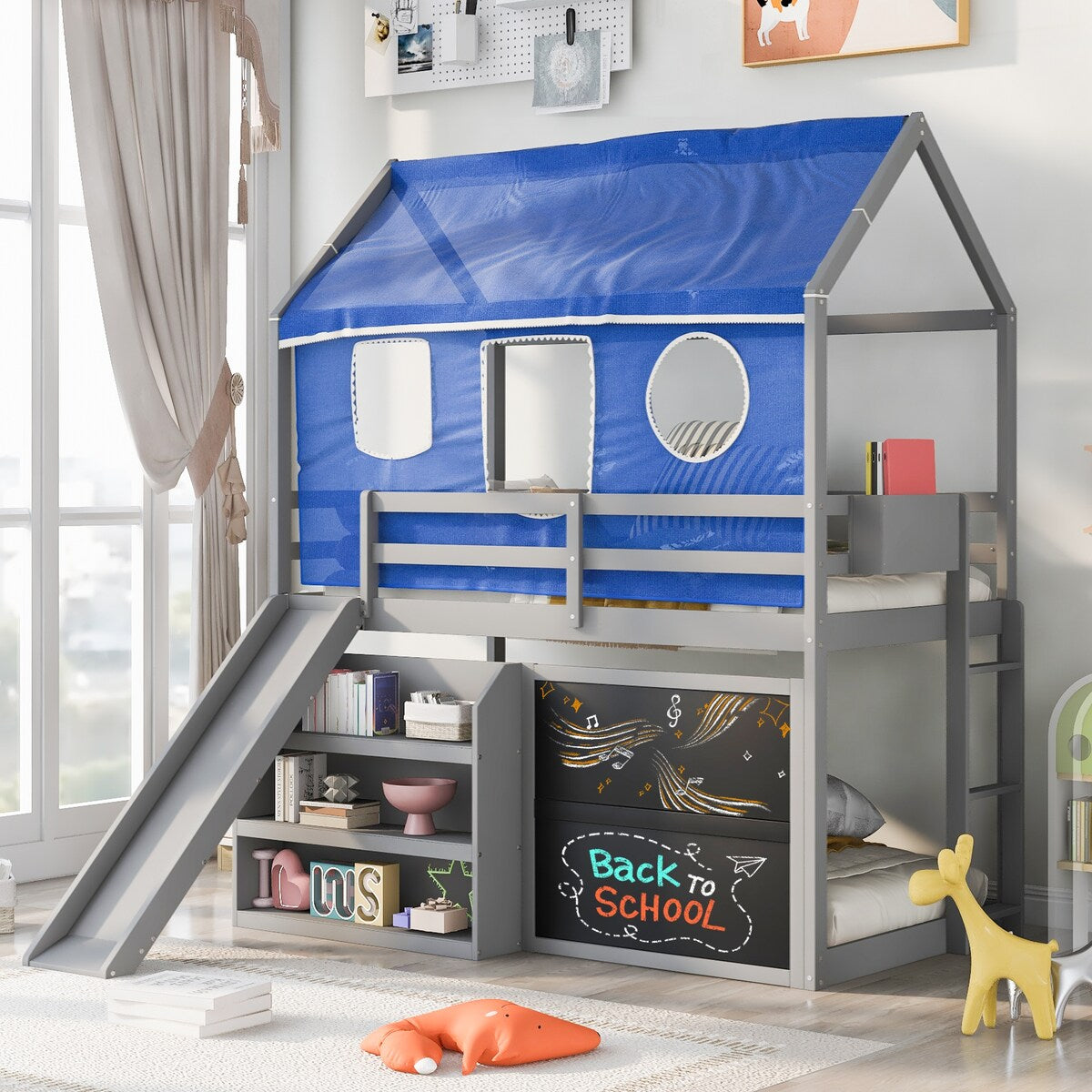 Playhouse Inspired Twin Over Twin Bunk Bed House Bed Kids Bed with Roof