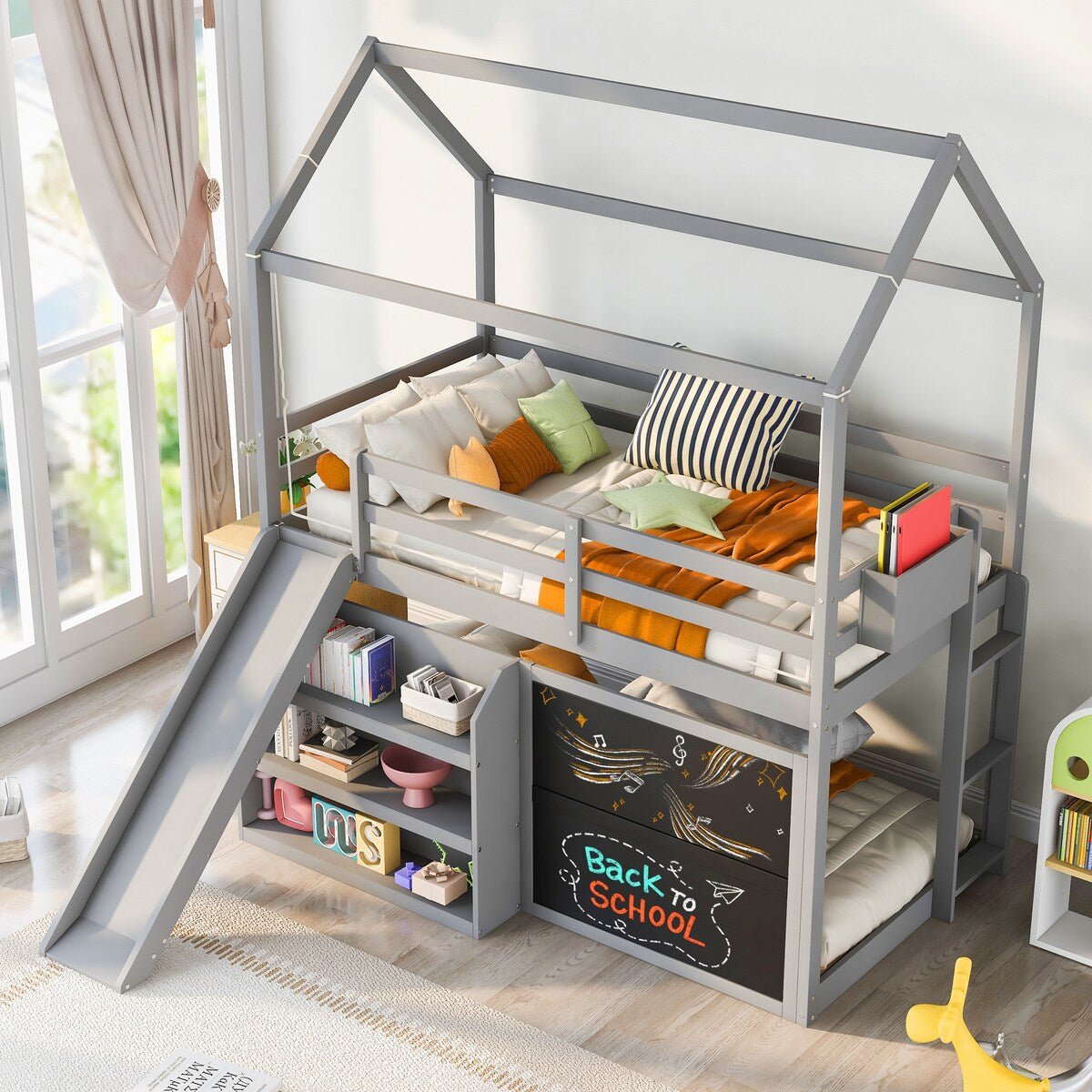 Playhouse Inspired Twin Over Twin Bunk Bed House Bed Kids Bed with Roof