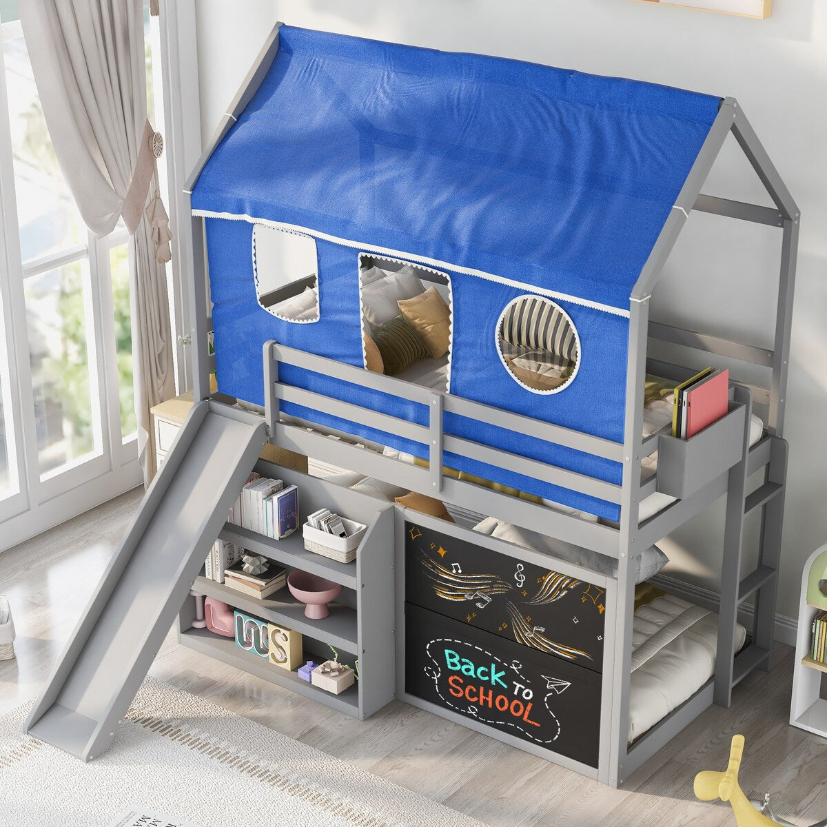 Playhouse Inspired Twin Over Twin Bunk Bed House Bed Kids Bed with Roof
