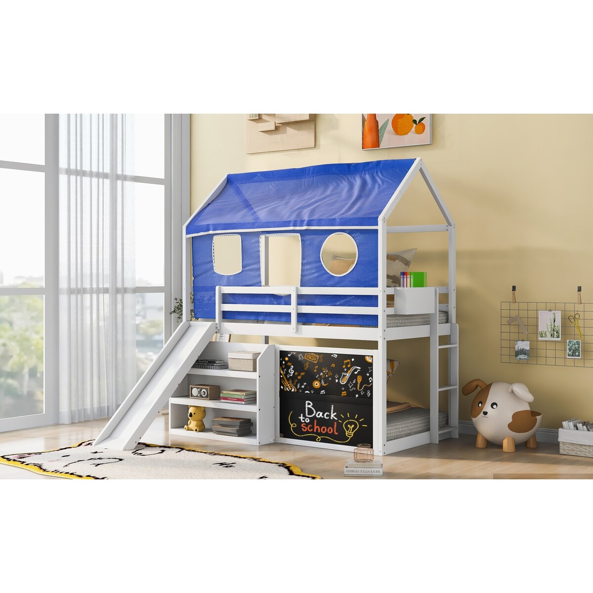 Playhouse Inspired Twin Over Twin Bunk Bed House Bed Kids Bed with Roof