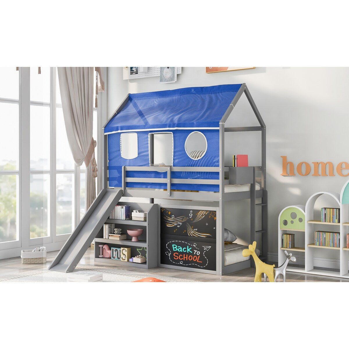 Playhouse Inspired Twin Over Twin Bunk Bed House Bed Kids Bed with Roof