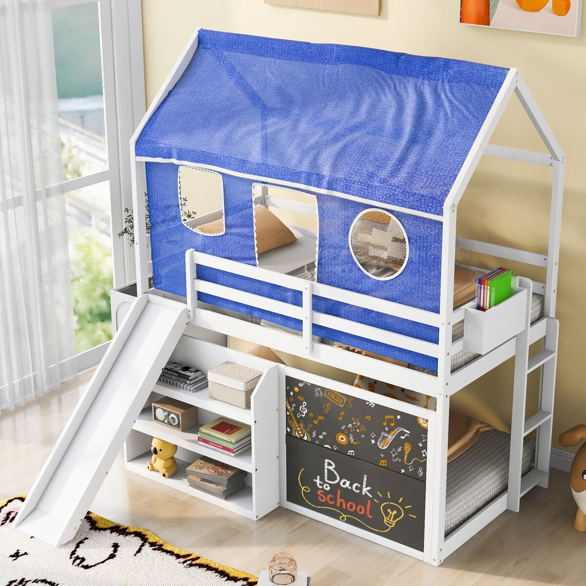 Playhouse Inspired Twin Over Twin Bunk Bed House Bed Kids Bed with Roof