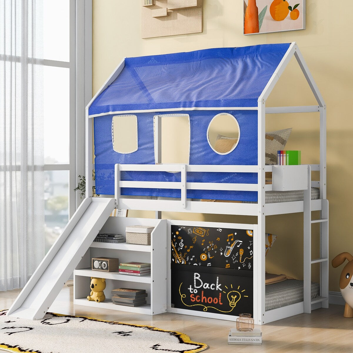 Playhouse Inspired Twin Over Twin Bunk Bed House Bed Kids Bed with Roof