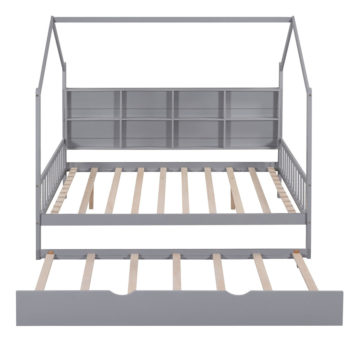 Playhouse Wooden House Bed Full Size Kid Bed w/ Trundle & Shelf Unisex