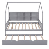 Playhouse Wooden House Bed Full Size Kid Bed w/ Trundle & Shelf Unisex