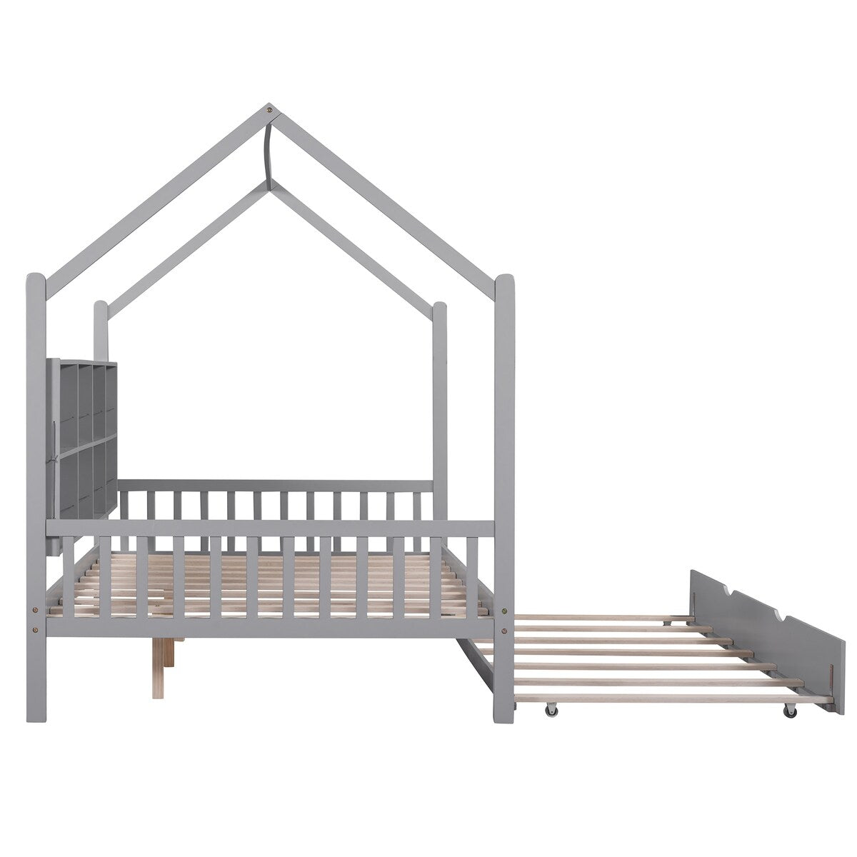 Playhouse Wooden House Bed Full Size Kid Bed w/ Trundle & Shelf Unisex