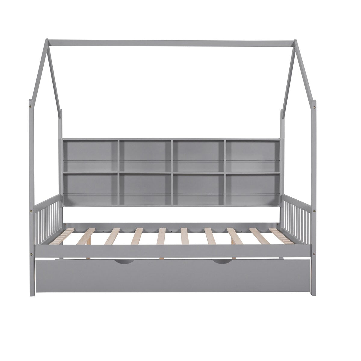 Playhouse Wooden House Bed Full Size Kid Bed w/ Trundle & Shelf Unisex