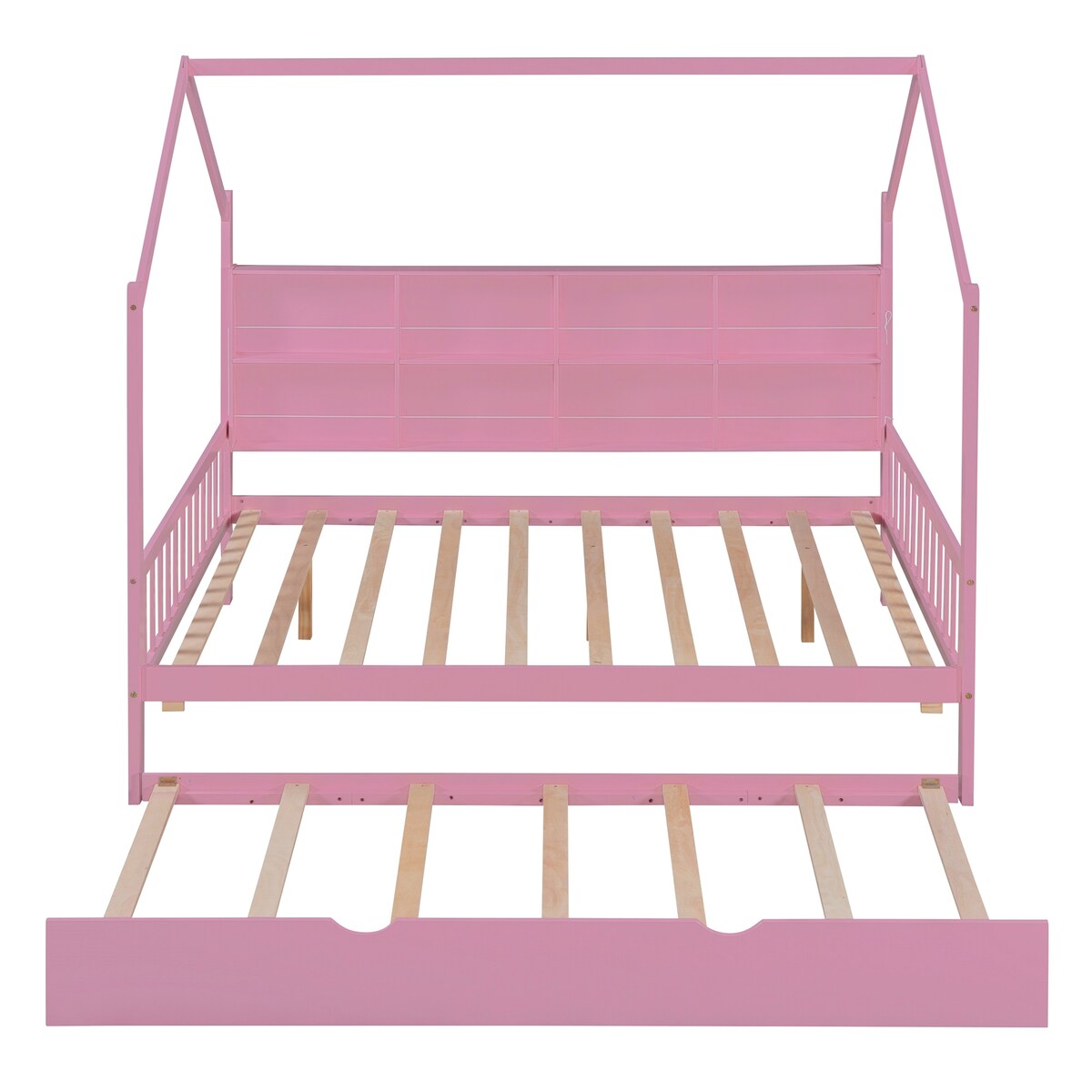 Playhouse Wooden House Bed Full Size Kid Bed w/ Trundle & Shelf Unisex