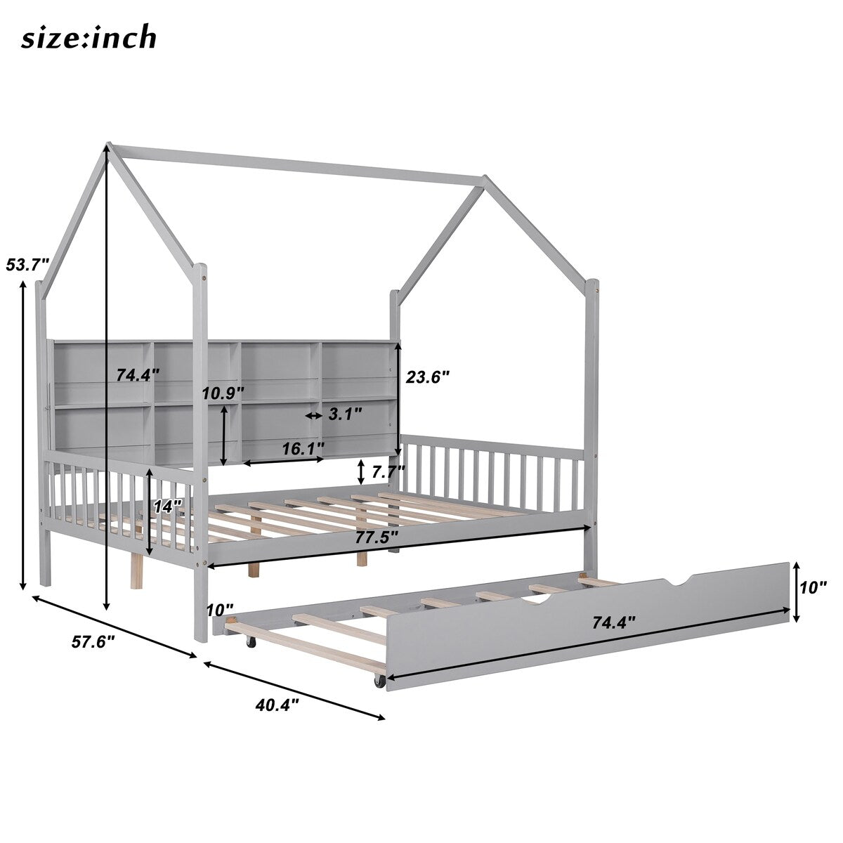 Playhouse Wooden House Bed Full Size Kid Bed w/ Trundle & Shelf Unisex