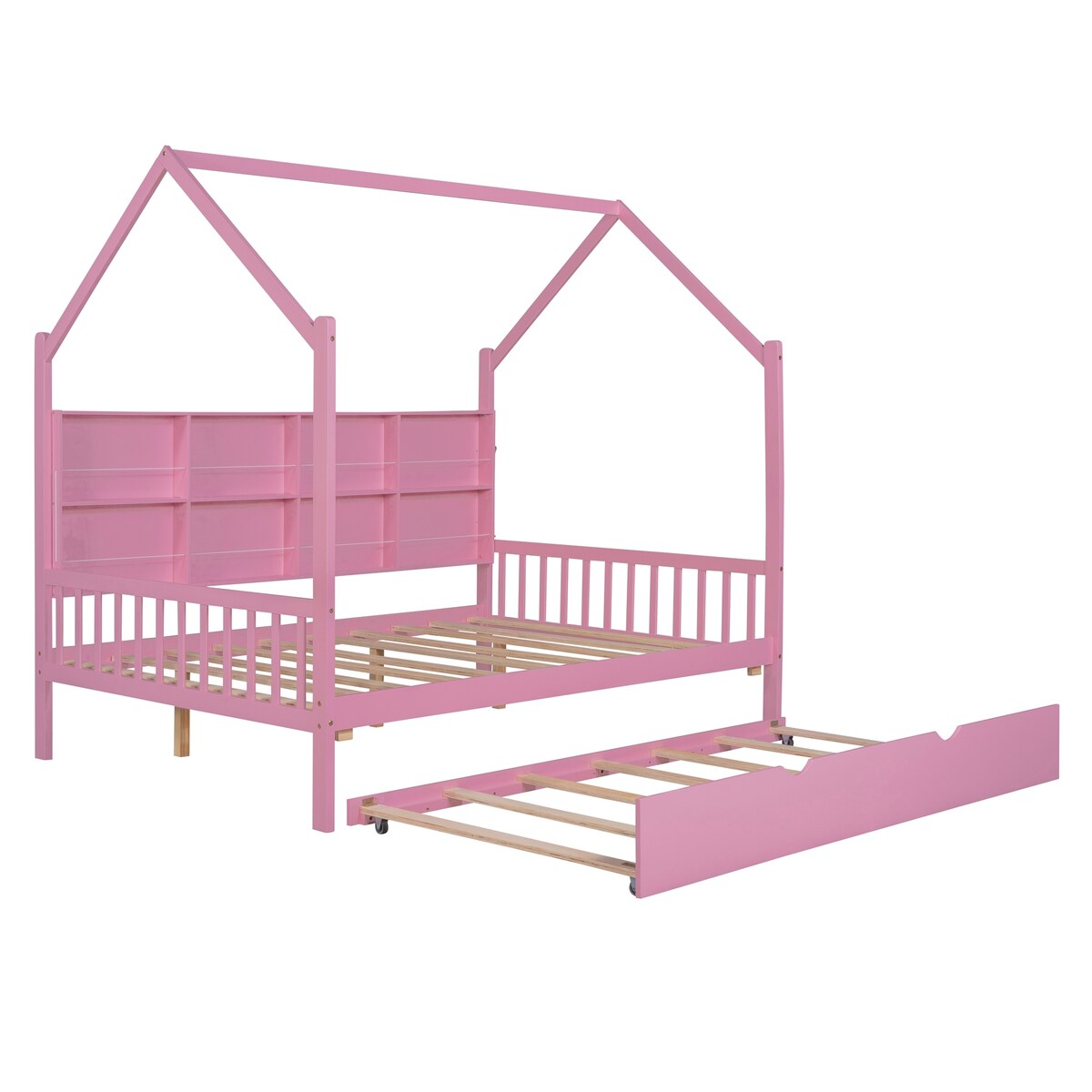 Playhouse Wooden House Bed Full Size Kid Bed w/ Trundle & Shelf Unisex