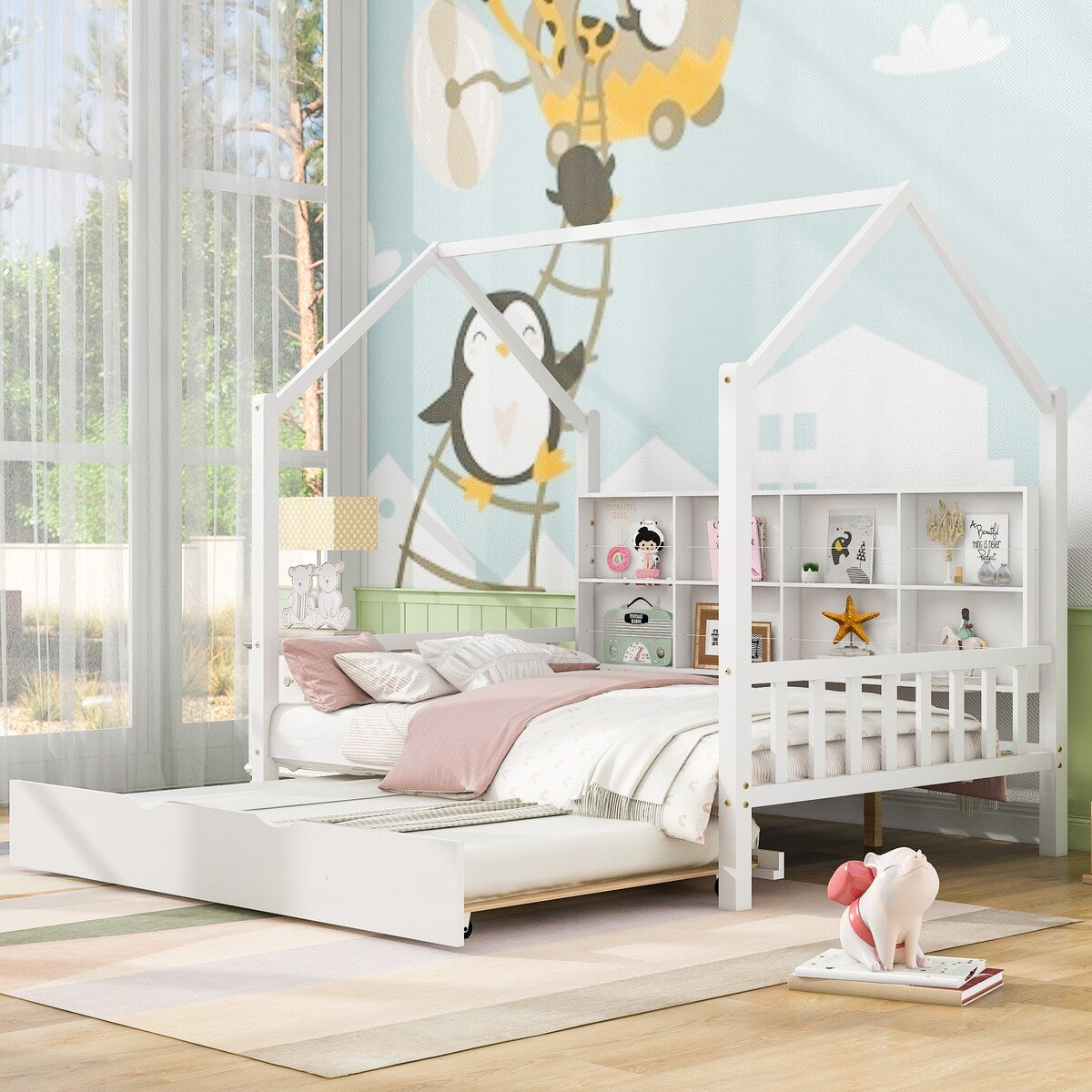 Playhouse Wooden House Bed Full Size Kid Bed w/ Trundle & Shelf Unisex