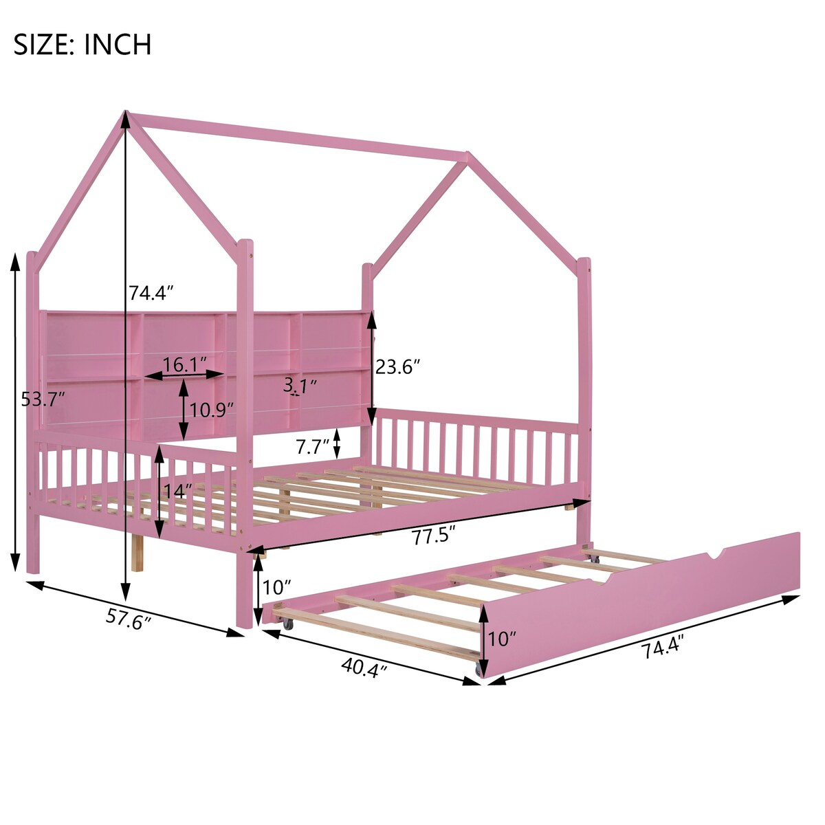 Playhouse Wooden House Bed Full Size Kid Bed w/ Trundle & Shelf Unisex