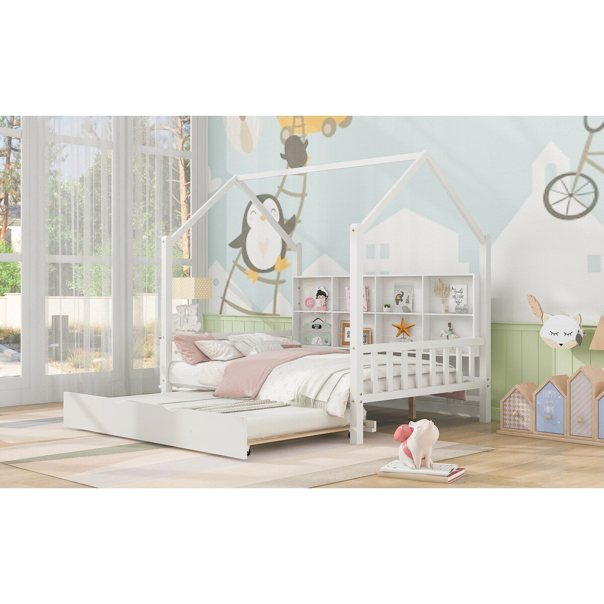 Playhouse Wooden House Bed Full Size Kid Bed w/ Trundle & Shelf Unisex